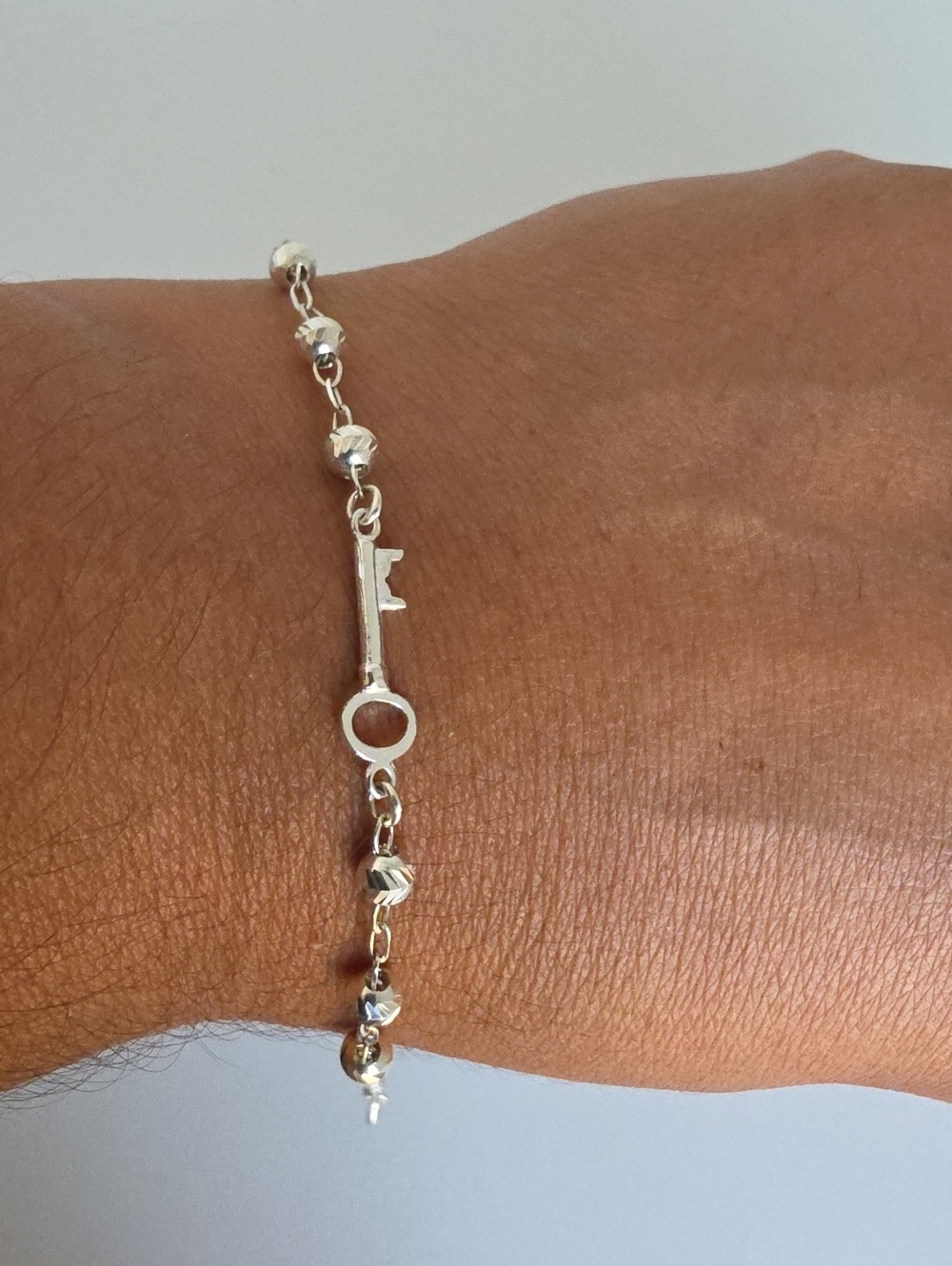 Sterling Silver 925 Key Bracelet 7" Beaded Chain Dainty Minimalist Gift
